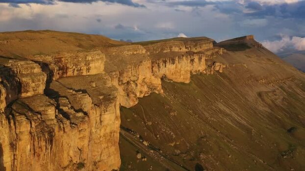 Aerial view of Bermamyt plateau at golden hour Russia.