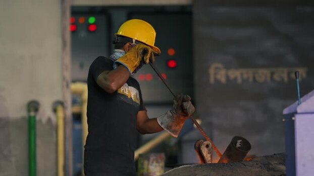 View of a worker at an industrial steel plant in Bogura Bangladesh.
