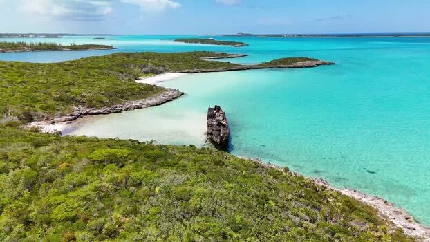Aerial view of a shipwreck on the coast of Crab Cay The Bahamas.