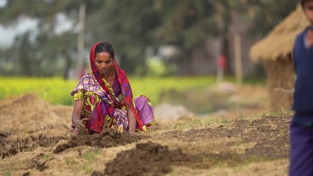 View of a woman working in a rural field in Patna India.