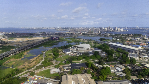 Aerial view of the Wole Soyinka Centre for Culture and Creative Arts National Theatre Nigeria surrounded by lush greenery and waterways in Lagos Lagos Nigeria.