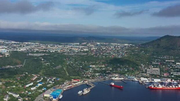 Aerial view of Petropavlovsk Kamchatskiy harbor and city Russia.