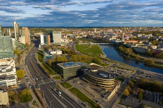 Vilnius County Lithuania 01 May 2026 Aerial view of the modern business district and Neris river with skyscrapers and green parks in the city of Vilnius. Vilnius County Lithuania 01 May 2026 Aerial view of the modern business district and Neris river with skyscrapers and green parks in the city of Vilnius.