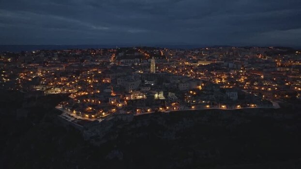 Aerial view of Matera at night Italy.