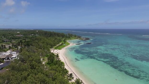 Aerial view of Belle Mare Beach in Quatre Cocos Mauritius.