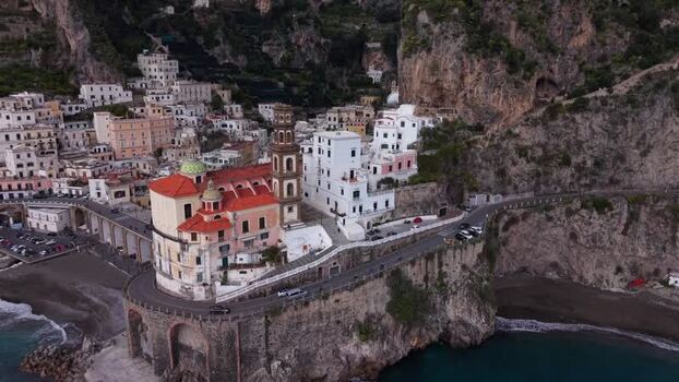 Aerial view of Atrani church and buildings Italy.
