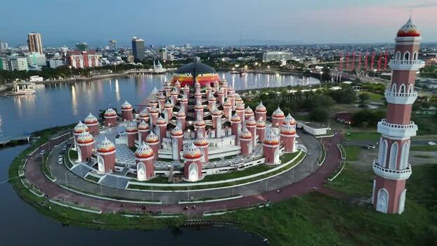 Aerial view of Masjid Kubah 99 Asmaul Husna in Makassar Indonesia.