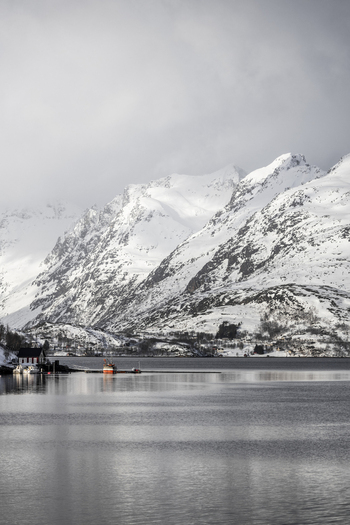 View of snow covered mountains rising from the calm waters of a fjord with a small coastal village and a boat under an overcast sky in Kvaloya Troms Norway. View of snow covered mountains rising from the calm waters of a fjord with a small coastal village and a boat under an overcast sky in Kvaloya Troms Norway.