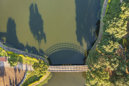 Aerial view of a pedestrian bridge spanning a calm pond in a park surrounded by lush green trees and casting long shadows during the golden hour in Taiwan. Aerial view of a pedestrian bridge spanning a calm pond in a park surrounded by lush green trees and casting long shadows during the golden hour in Taiwan.