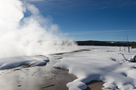 View of geothermal steam rising from a snow covered landscape in a geyser basin under a clear blue sky in Yellowstone National Park Wyoming United States. View of geothermal steam rising from a snow covered landscape in a geyser basin under a clear blue sky in Yellowstone National Park Wyoming United States.