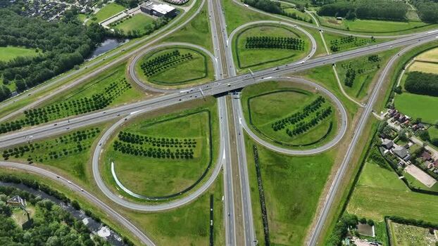 Aerial view of the cloverleaf highway interchange Netherlands.
