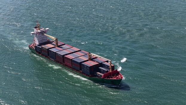 Aerial view of a container ship at sea Portugal.