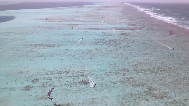 Aerial view of kite surfers in Los Roques Venezuela.