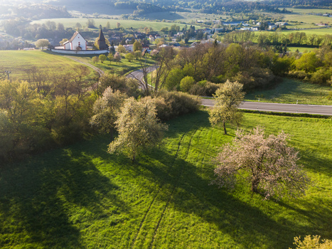 Aerial view of the historic Church of Saint Martin surrounded by blooming trees and green meadows in the rural landscape of Cerin Banskobystricky kraj Slovakia. Aerial view of the historic Church of Saint Martin surrounded by blooming trees and green meadows in the rural landscape of Cerin Banskobystricky kraj Slovakia.
