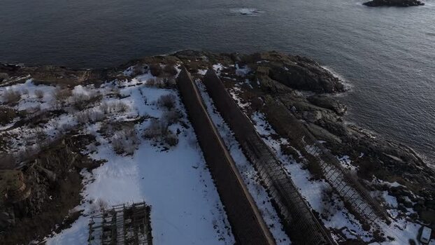Aerial view of fish drying racks in Lofoten Norway.