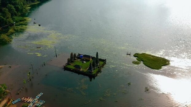 Aerial view of Pura Ulun Danu Tamblingan temple in Indonesia.