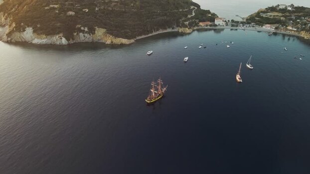 Aerial View of a pirate vessel along the coast Elba Island Tuscany Italy.