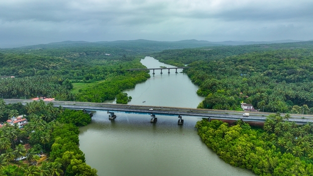 Aerial view of the bridge spanning the Galgibaga River surrounded by lush tropical vegetation and palm trees in Canacona Goa India.