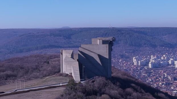 Aerial view of Founders of the Bulgarian State Monument Bulgaria.