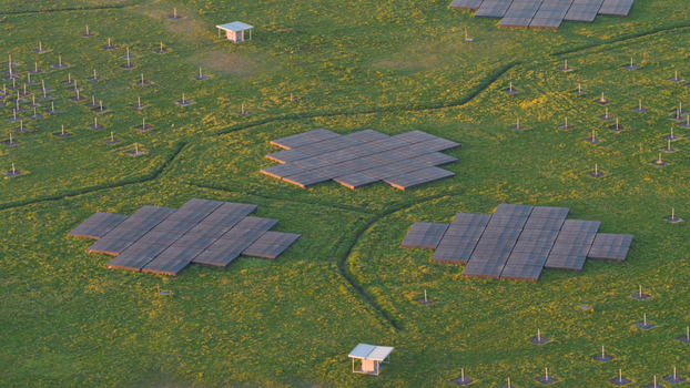 Aerial view of the LOFAR superterp radio telescope array with geometric antenna clusters on a green grassy field in Buinen Drenthe Netherlands. Aerial view of the LOFAR superterp radio telescope array with geometric antenna clusters on a green grassy field in Buinen Drenthe Netherlands.