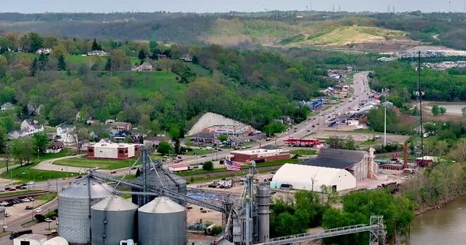 Aerial view of grain silos and the town of Aurora United States. Aerial view of grain silos and the town of Aurora United States.