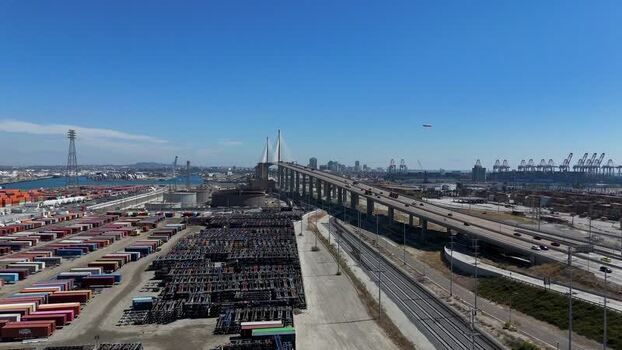 Aerial view of Port of Long Beach and bridge United States.