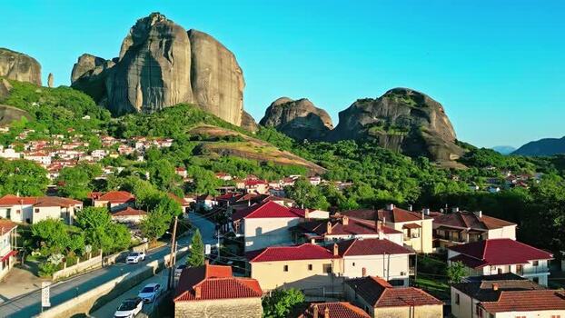 Aerial view of Meteora rock formations and village in Greece.