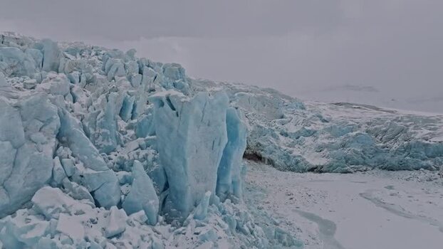 Aerial view of glacier ice in Pyramiden Svalbard and Jan Mayen.