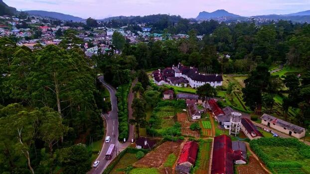 Aerial view of colonial estate house in the hills Sri Lanka.