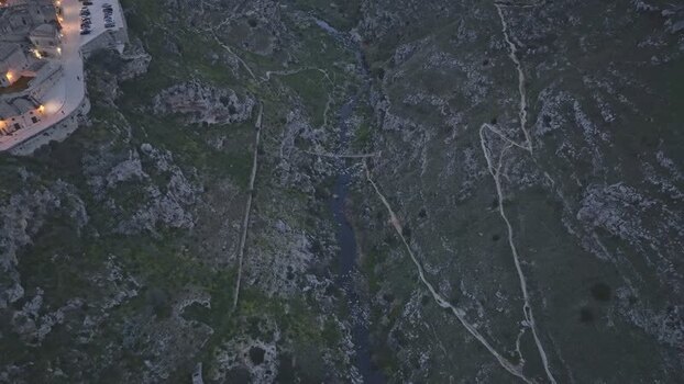 Aerial view of Sassi di Matera and ravine in Italy.