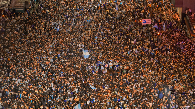 Buenos Aires Argentina 15 July 2026 Aerial view of a massive crowd celebrating the Argentina vs England FIFA World Cup 2026 semifinal victory at the Cabildo and Juramento intersection. Buenos Aires Argentina 15 July 2026 Aerial view of a massive crowd celebrating the Argentina vs England FIFA World Cup 2026 semifinal victory at the Cabildo and Juramento intersection.