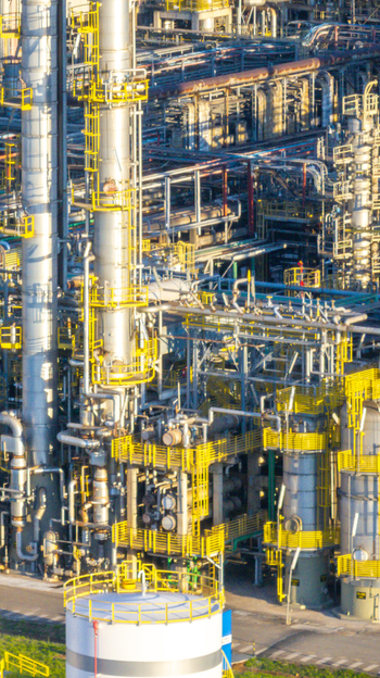 Aerial view of the petrochemical complex featuring tall industrial towers intricate piping systems and storage tanks in an urban setting in Santo Andre Sao Paulo Brazil.