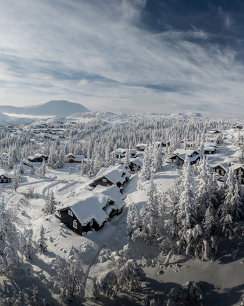 Aerial view of Gaustablikk Fjellresort with snow covered wooden cabins nestled among frost laden pine trees in a winter mountain landscape in Rjukan Telemark Norway. Aerial view of Gaustablikk Fjellresort with snow covered wooden cabins nestled among frost laden pine trees in a winter mountain landscape in Rjukan Telemark Norway.