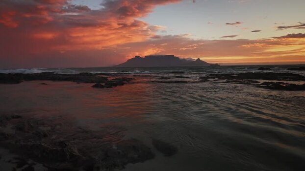 View of Table Mountain at sunset South Africa.