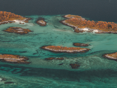 Aerial view of the rocky islets and turquoise waters of the Senja archipelago with autumn foliage in Senja Troms Norway.