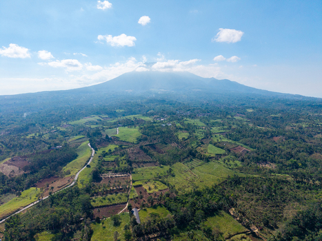 Aerial view of the lush green landscape and agricultural fields surrounding the mountain in Ngajum East Java Indonesia. Aerial view of the lush green landscape and agricultural fields surrounding the mountain in Ngajum East Java Indonesia.