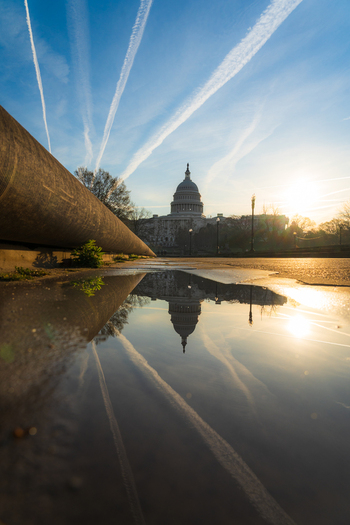 View of the United States Capitol building reflected in a rain puddle at sunrise with contrails across the blue sky in Washington District of Columbia United States. View of the United States Capitol building reflected in a rain puddle at sunrise with contrails across the blue sky in Washington District of Columbia United States.