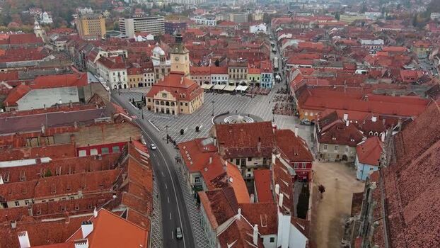 Aerial view of Council Square in Brasov with historic rooftops Romania. Aerial view of Council Square in Brasov with historic rooftops Romania.