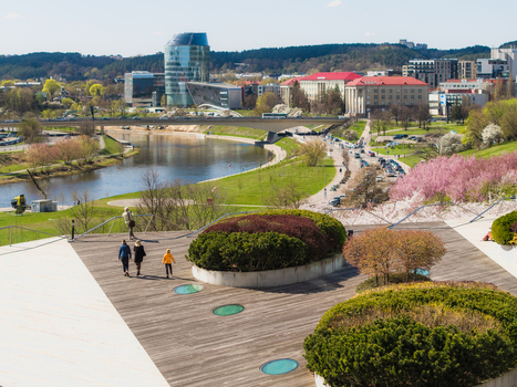Vilnius Lithuania 20 April 2026 Aerial view of Chiune Sugihara Sakura Park with blooming cherry blossoms people walking on a wooden deck the Neris river and the city skyline. Vilnius Lithuania 20 April 2026 Aerial view of Chiune Sugihara Sakura Park with blooming cherry blossoms people walking on a wooden deck the Neris river and the city skyline.