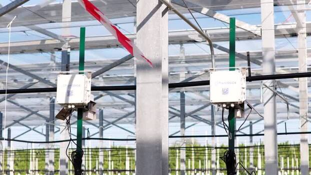 Aerial view of electronic sensors in a greenhouse in Italy.