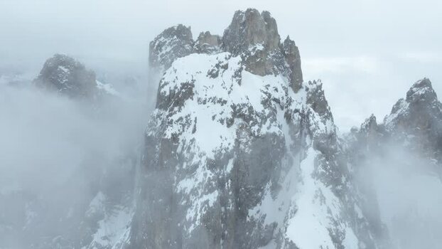 Aerial view of snow covered Pale di San Martino peaks Italy.
