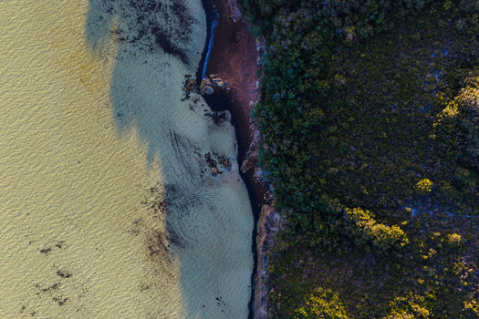 Aerial view of Camp Quaranup on the coastline with sandy beach tire tracks and dense vegetation on the Vancouver Peninsula Western Australia Australia. Aerial view of Camp Quaranup on the coastline with sandy beach tire tracks and dense vegetation on the Vancouver Peninsula Western Australia Australia.