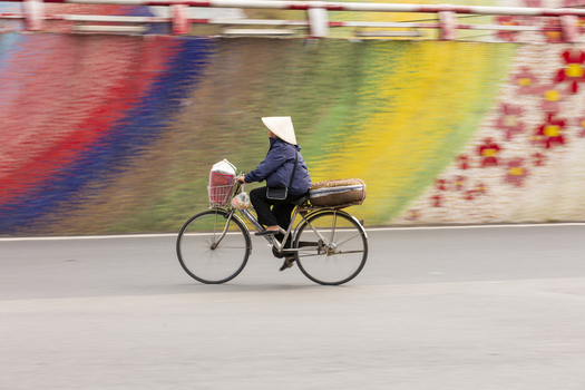 View of a person wearing a traditional conical hat riding a bicycle past a vibrant colorful mural in Hanoi Ha Noi Vietnam.