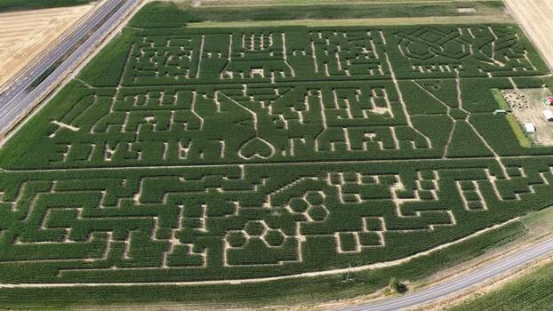 Aerial view of Labyrinthe de mais corn maze in France.