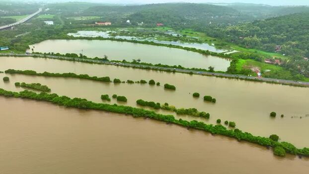 Aerial view of flooded landscape near New Zuari Bridge India.