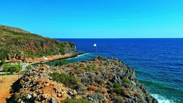 Aerial view of rocky coastline in Crete Greece.