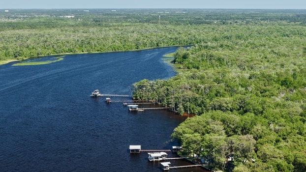Aerial view of the dark winding river contrasting with the vibrant green forest and docks along Palmo Fish Camp Road St. Augustine Florida United States. Aerial view of the dark winding river contrasting with the vibrant green forest and docks along Palmo Fish Camp Road St. Augustine Florida United States.