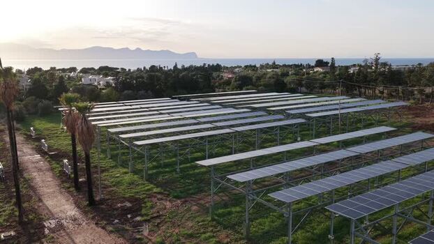 Aerial view of solar panel field in Terrasini Italy.