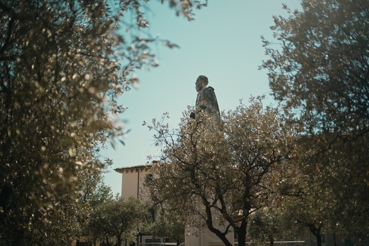 View of the statue of Dante Alighieri framed by lush green tree branches under a clear blue sky in Verona Veneto Italy.