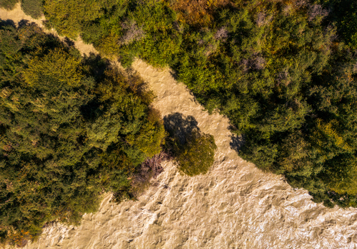 Aerial view of the Chon Kemin river flowing through dense forest with lush green trees and sediment rich water in Kemin Chuy Province Kyrgyzstan.